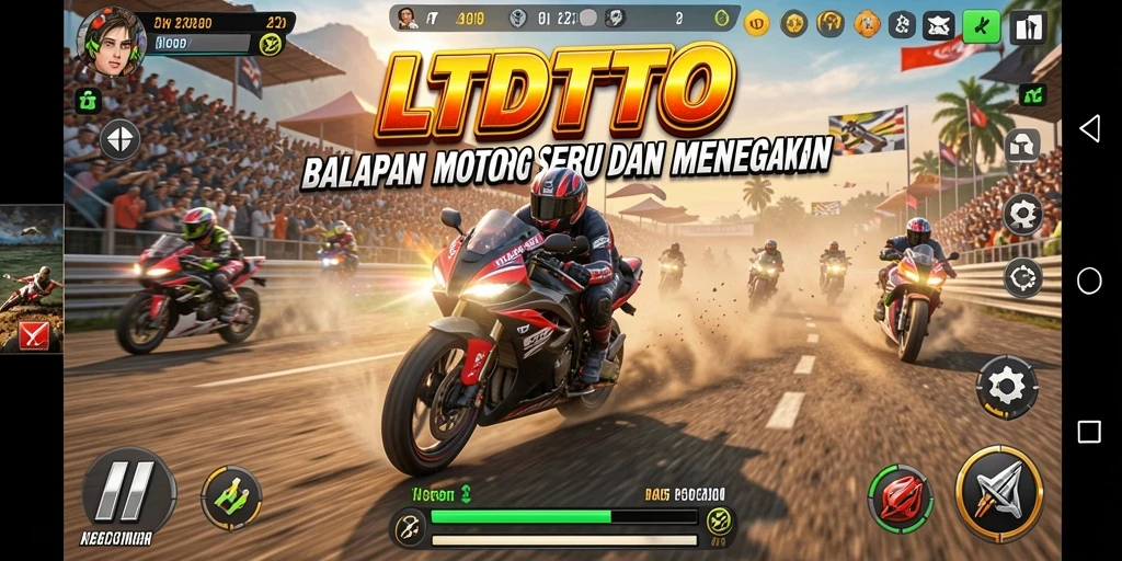 Tampilan gameplay LTDTOTO yang menegangkan dengan balapan motor cepat.