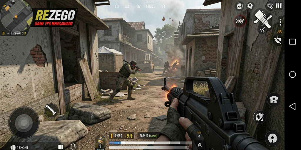 Screenshot REZEGO menampilkan aksi menegangkan dalam pertempuran FPS.