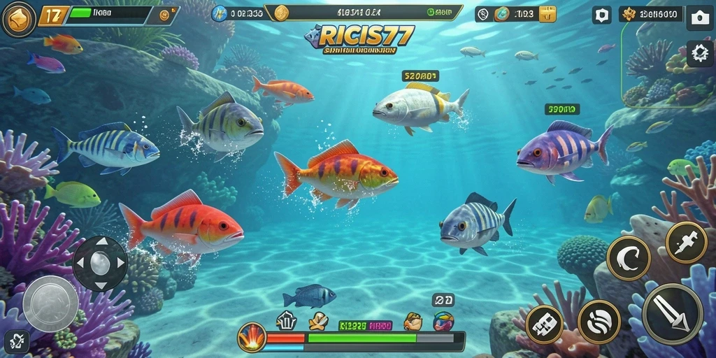 Screenshot gameplay RICIS77 menampilkan aksi seru menangkap ikan.