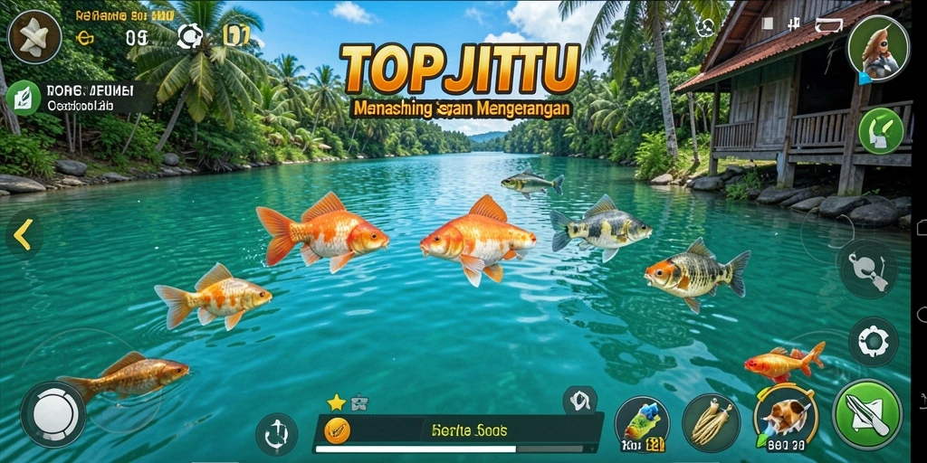 Screenshot utama TOPJITU menampilkan gameplay memancing yang seru.